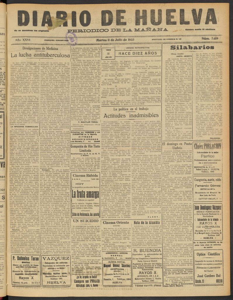 Miniatura de Diario de Huelva : periódico independiente del 11 de julio de 1933