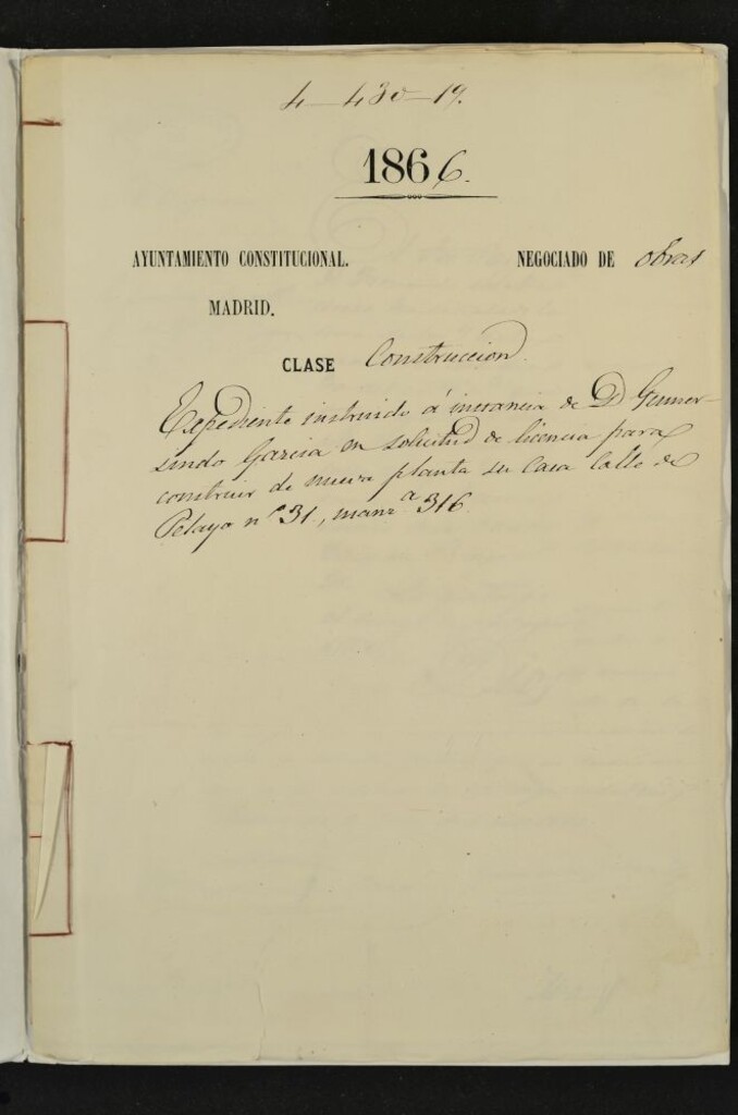 Miniatura de Expediente instruido a instancia de D. Gumersindo Garcia en solicitud de licencia para construir de nueva planta su casa en la calle de Pelayo 31 (actual 29), manzana 316.