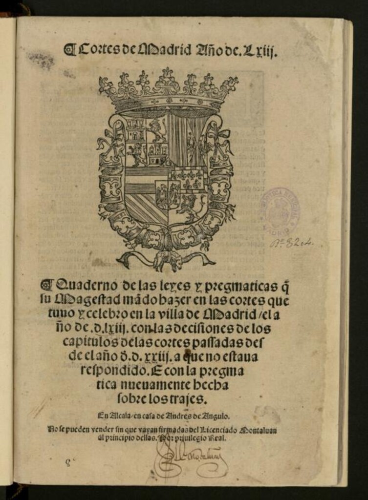 Miniatura de Quaderno de las leyes y pregmaticas q[ue] su Magestad ma[n]do hazer en las cortes que tuuo y celebro en la villa de Madrid el año de .d.lxiij con las decisiones de los capitulos de las cortes passadas desde el año ded[e].d.xxiij a que no estaua respondido. E con la pregmatica nueuamente hecha sobre los trajes
