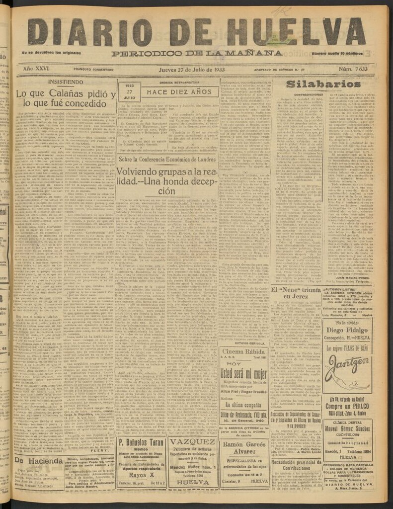 Miniatura de Diario de Huelva : periódico independiente del 27 de julio de 1933