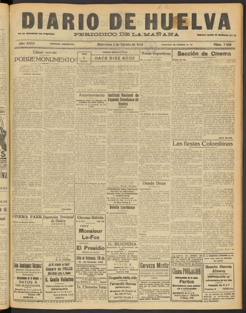 Miniatura de Diario de Huelva : periódico independiente del 2 de agosto de 1933