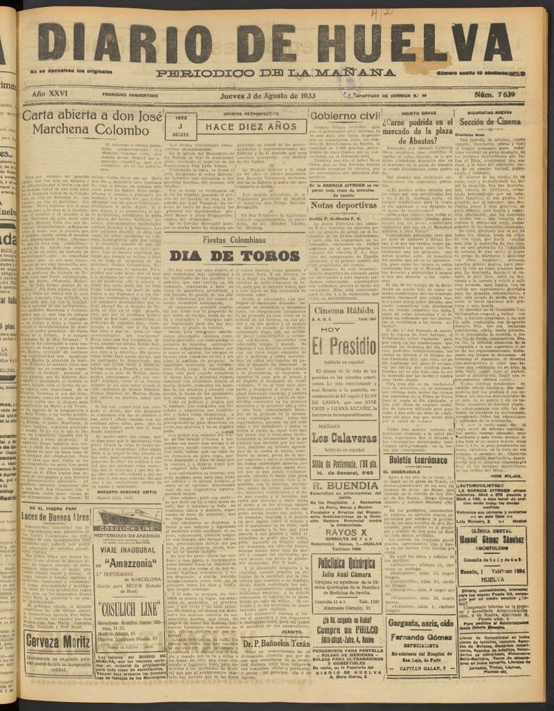Miniatura de Diario de Huelva : periódico independiente del 3 de agosto de 1933