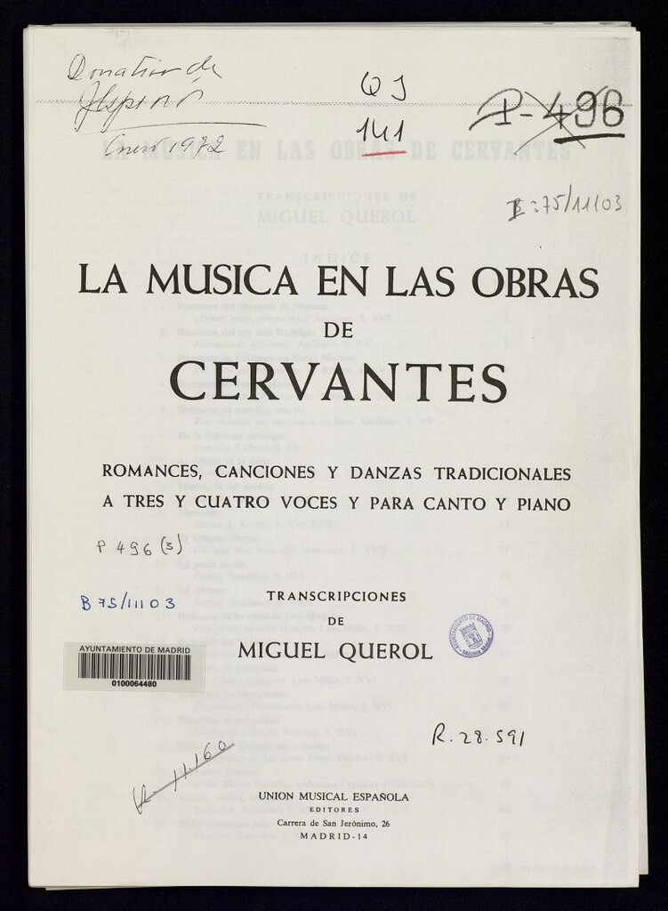 Miniatura de La música en las obras de Cervantes : romances, canciones y danzas tradicionales a tres y cuatro voces y para canto y piano