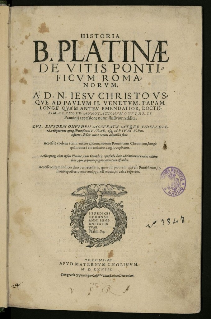 Miniatura de Historia B. Platinæ de vitis pontificum romanorum a D.N. Iesu Christo vsque ad Paulum II ...