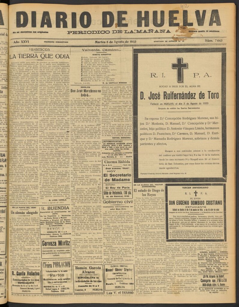 Miniatura de Diario de Huelva : periódico independiente del 8 de agosto de 1933