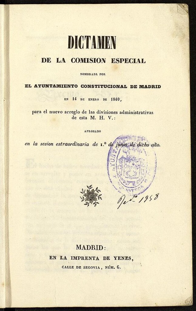 Miniatura de Dictamen de la Comisión Especial nombrada por el Ayuntamiento Constitucional de Madrid en 14 de Enero de 1840, para el nuevo arreglo de las divisiones administrativas de esta M.H.V.
