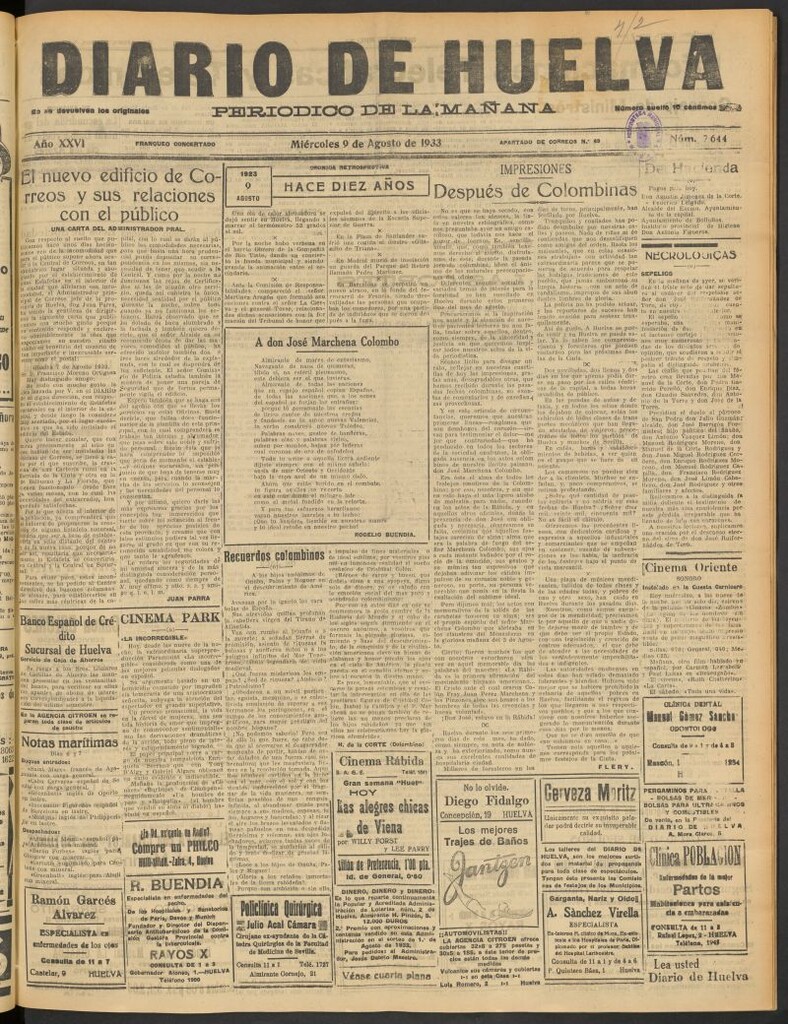 Miniatura de Diario de Huelva : periódico independiente del 9 de agosto de 1933
