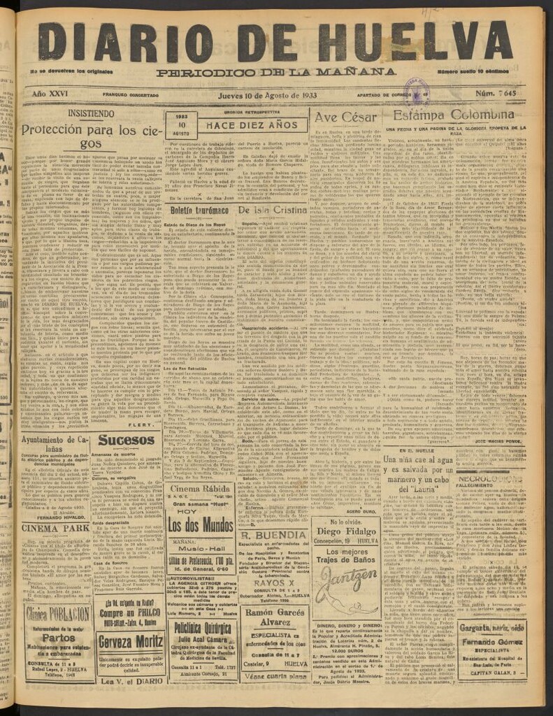Miniatura de Diario de Huelva : periódico independiente del 10 de agosto de 1933