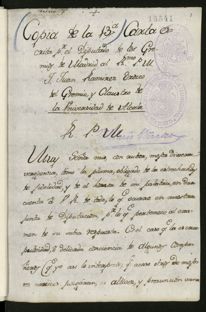 Miniatura de Cartas de un diputado de los gremios de Madrid al R.P.M. Fray Juan Ramírez de Orozco, del gremio y claustro de la Universidad de Alcalá. Volumen III