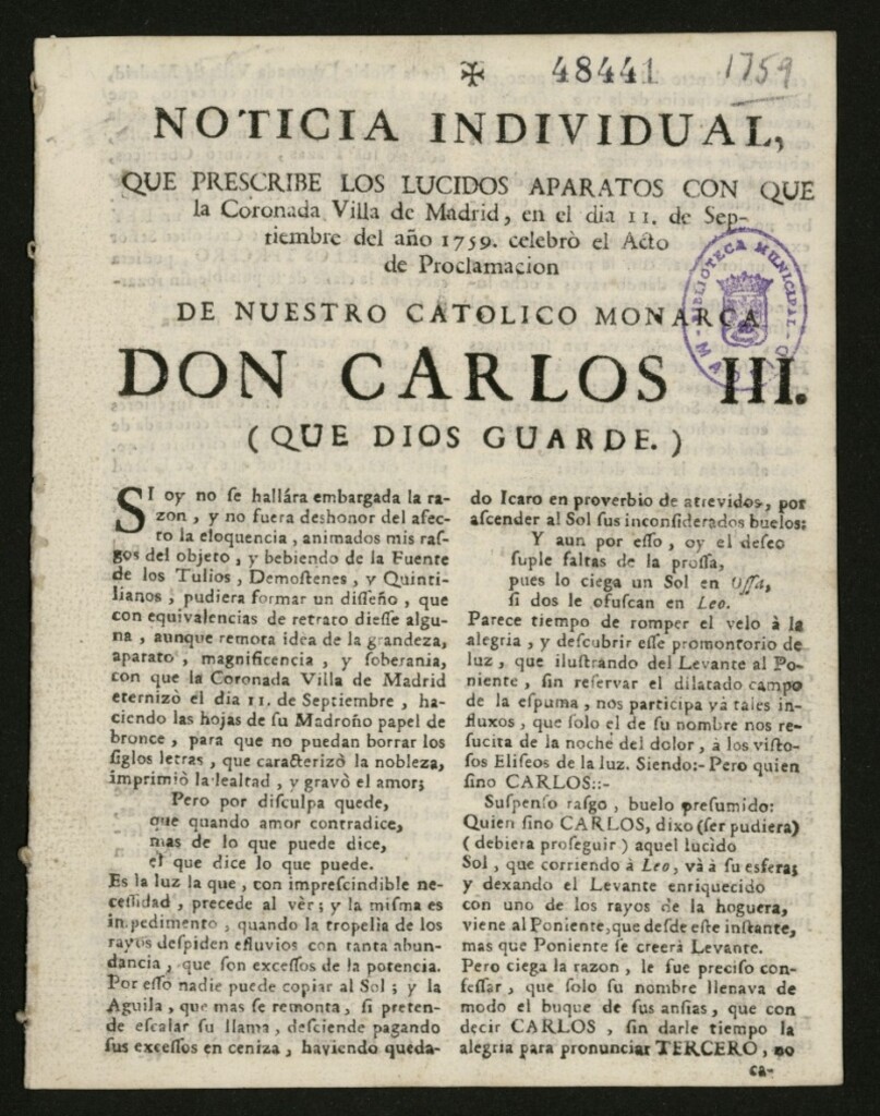 Miniatura de Noticia individual, que prescribe los lucidos aparatos con que la coronada villa de Madrid, en el dia 11 de septiembre del año 1759 celebró el acto de proclamación de nuestro católico monarca D. Carlos III