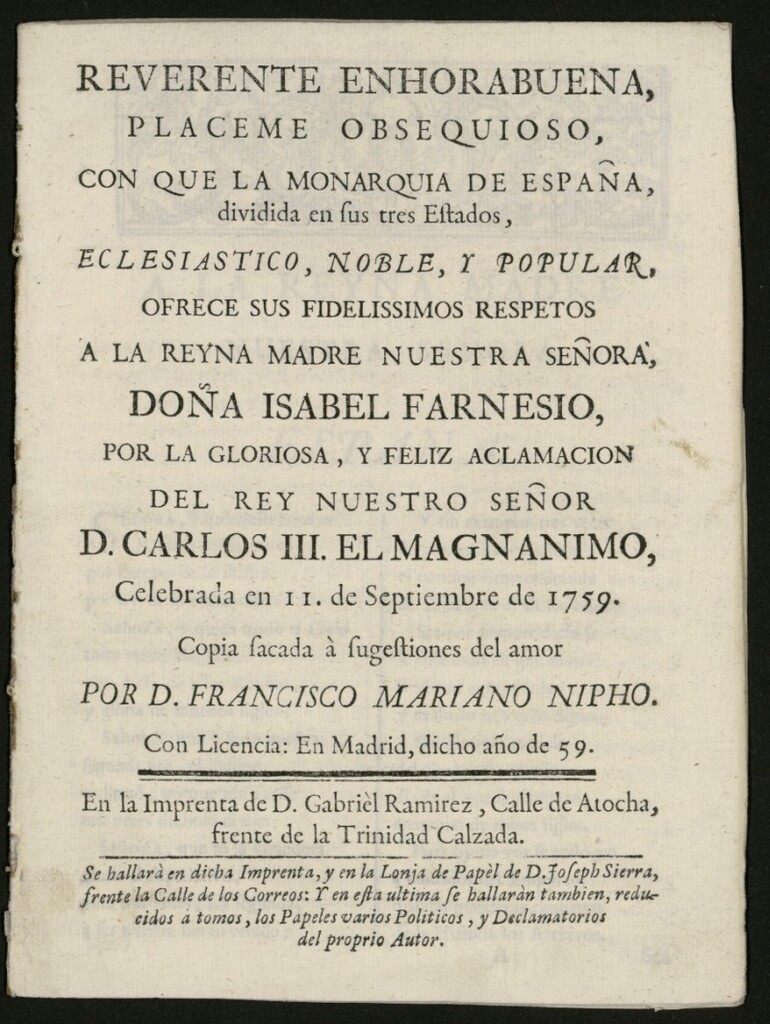 Miniatura de Reverente enhorabuena, placeme obsequioso, con que la monarquía de España, dividida en sus tres estados, eclesiástico, noble y popular, ofrece sus fidelissimos respetos a la reyna madre nuestra señora Doña Isabel Farnesio...