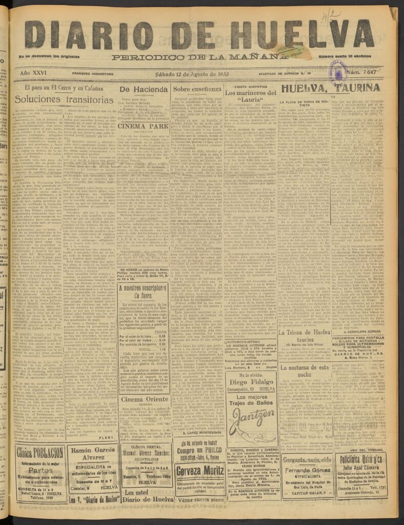 Miniatura de Diario de Huelva : periódico independiente del 12 de agosto de 1933