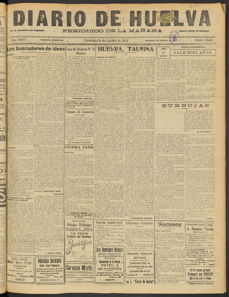 Miniatura de Diario de Huelva : periódico independiente del 13 de agosto de 1933