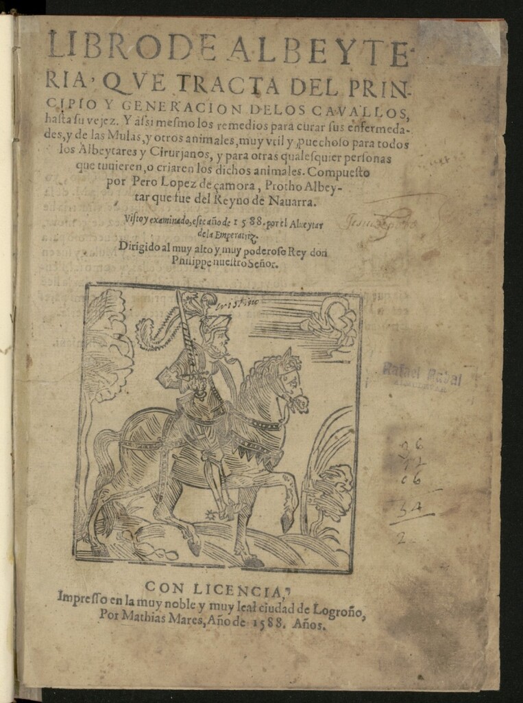 Miniatura de Libro de albeyteria : que tracta del principio y generación de los cauallos hasta su vejez ...