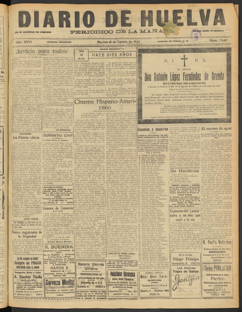 Miniatura de Diario de Huelva : periódico independiente del 15 de agosto de 1933