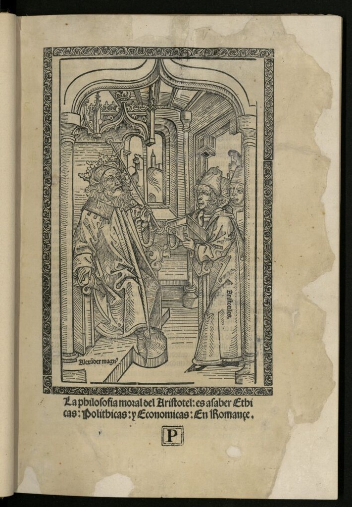 Miniatura de La philosofia moral del Aristotel : es a saber Ethicas, Polithicas, y Economicas : En Romançe.