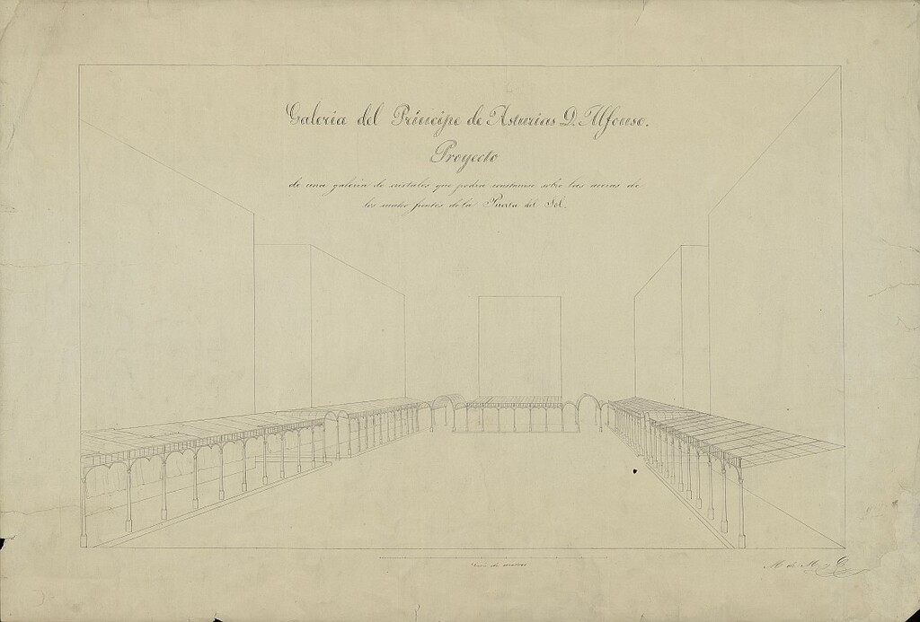 Miniatura de Galería del Principe de Asturias D. Alfonso: Proyecto de una galería de cristales que podrá construirse sobre las aceras de los cuatro frentes de la Puerta del Sol.