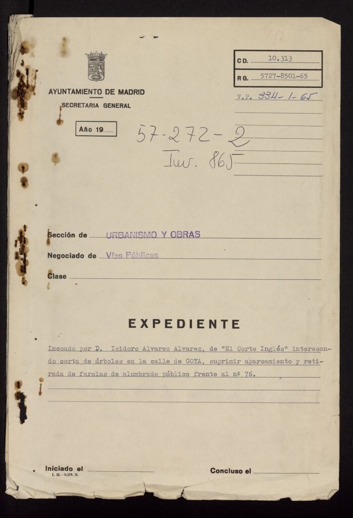 Miniatura de Licencia a D.Isidoro Alvarez del El Corte Ingles para cortar árboles de la calle Goya y suprimir el alumbrado público del nº76