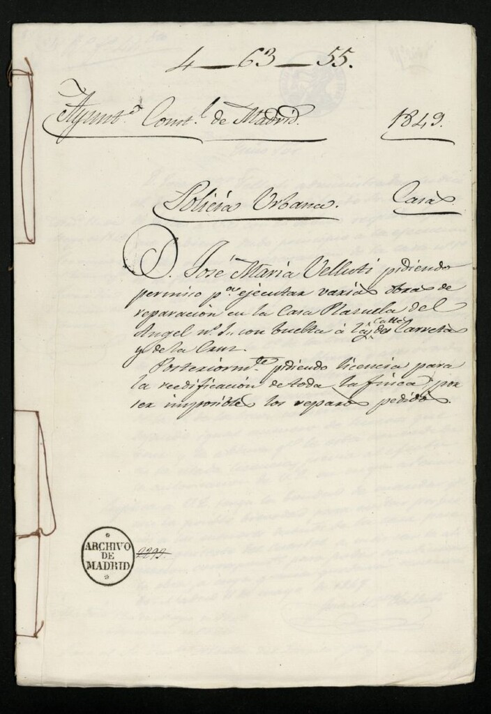 Miniatura de Concesión de licencia a José María Velluti para la reedificación de su casa en la Plazuela del Ángel nº1, con una negación previa de arreglos