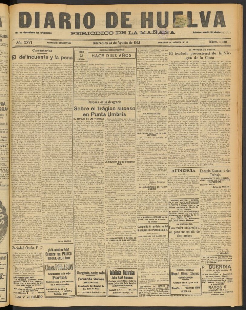 Miniatura de Diario de Huelva : periódico independiente del 23 de agosto de 1933