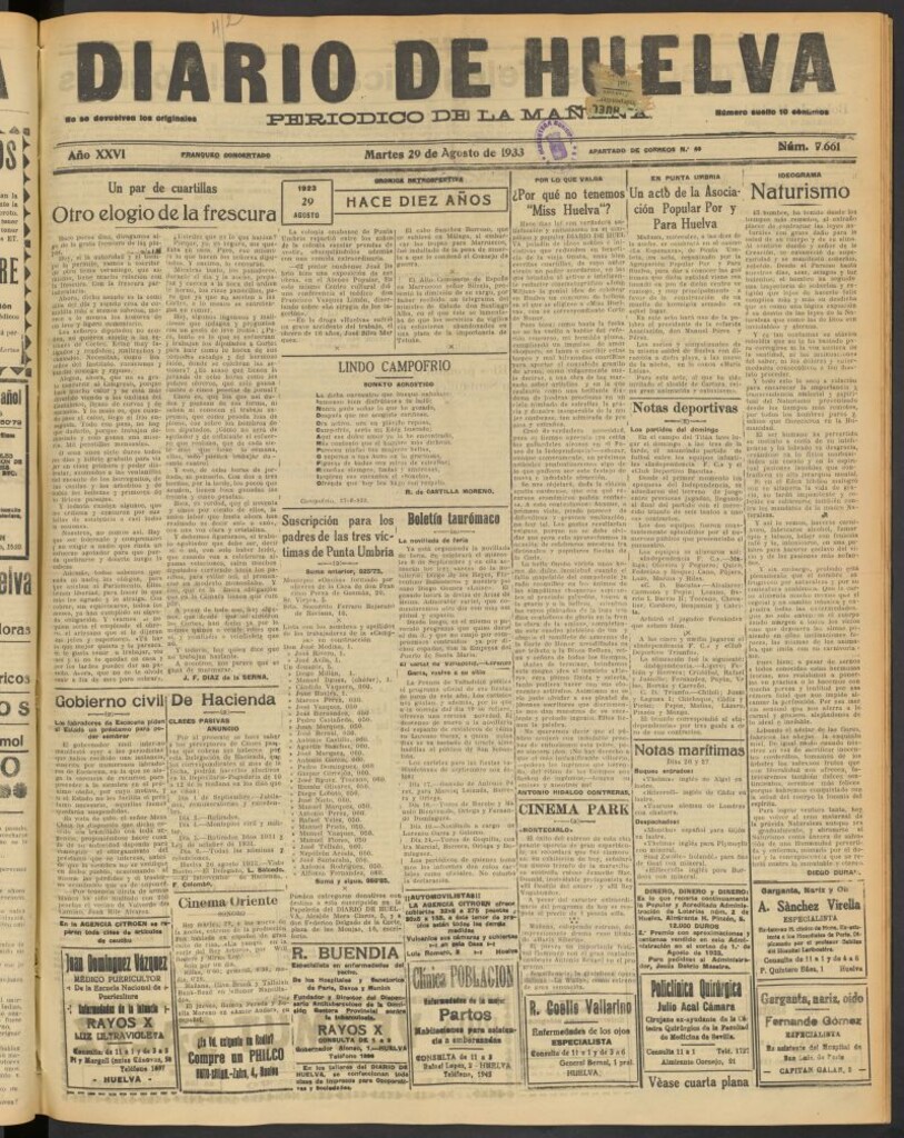 Miniatura de Diario de Huelva : periódico independiente del 29 de agosto de 1933