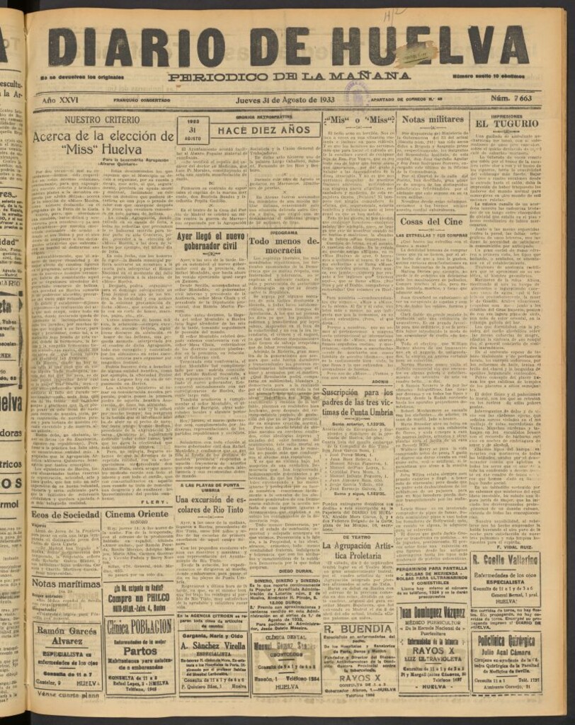 Miniatura de Diario de Huelva : periódico independiente del 31 de agosto de 1933