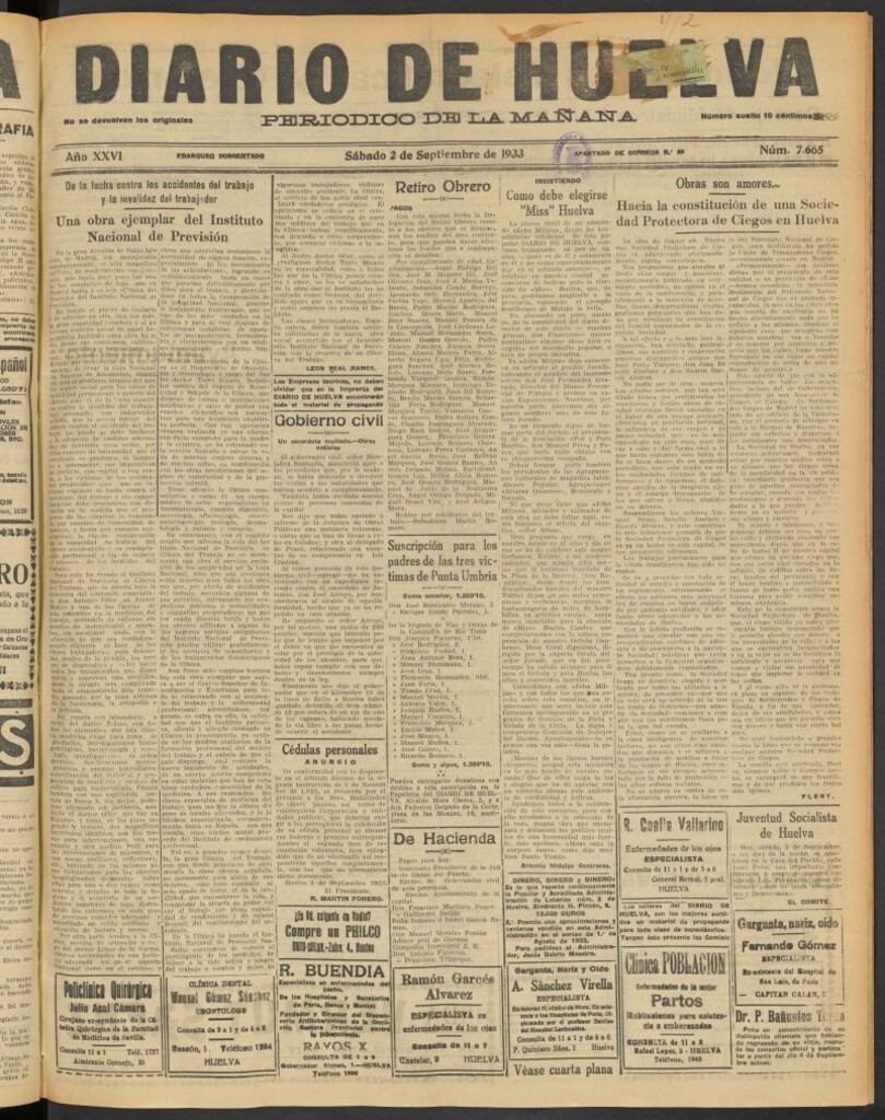 Miniatura de Diario de Huelva : periódico independiente del 2 de septiembre de 1933