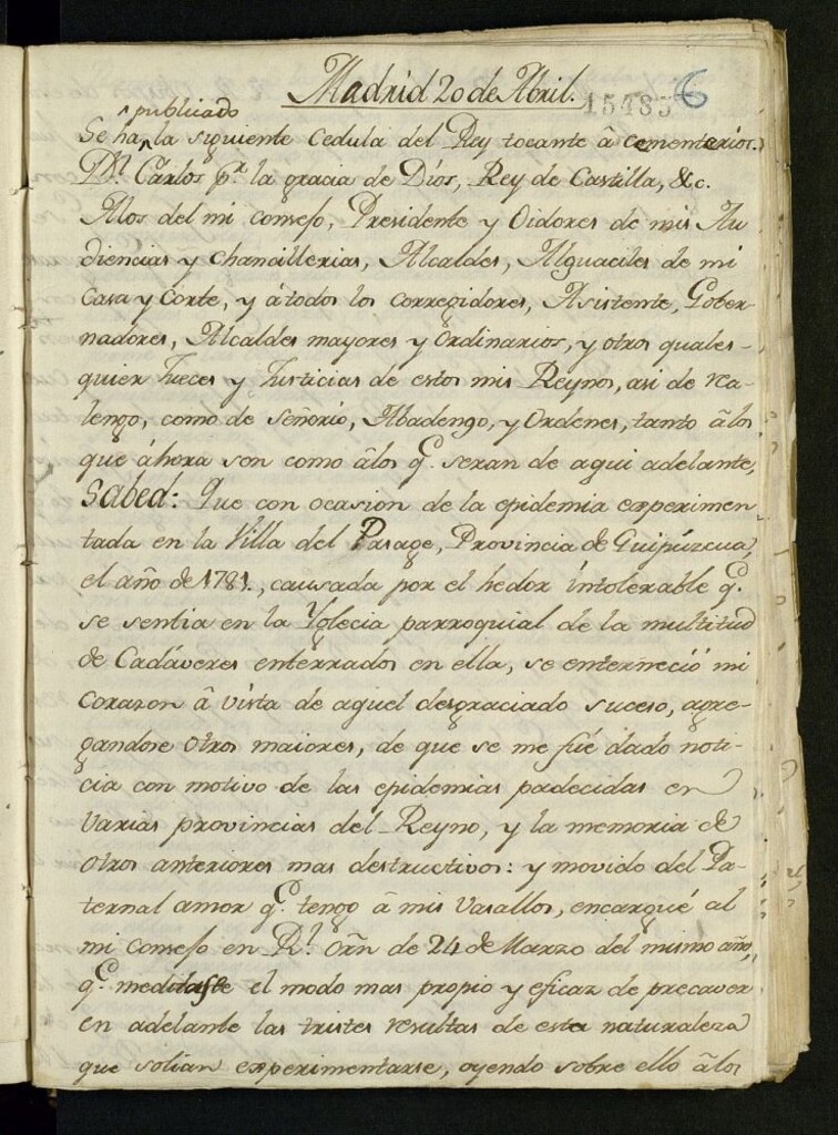Miniatura de Cedula de Carlos III sobre cementerios