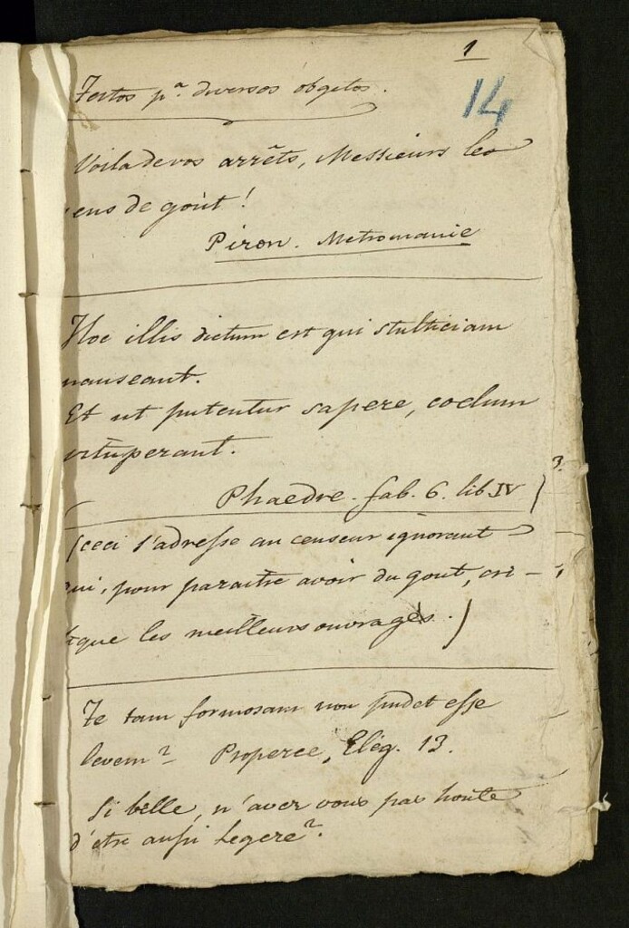 Miniatura de Testos (sic) p[ar]a diversos objetos. "Voila de vos..." ( fol.1). "... q[u]e no multiplica (fol. 16v)
