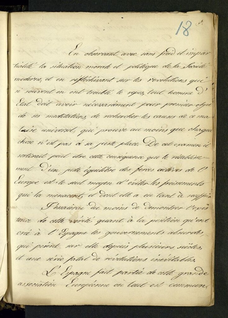 Miniatura de [Disertacion sobre la situación política de Europa a fines del XVIII y principios del XIX]. "En Observant avec..." (fol.1) "... repos de l´Europe" (fol. 16)