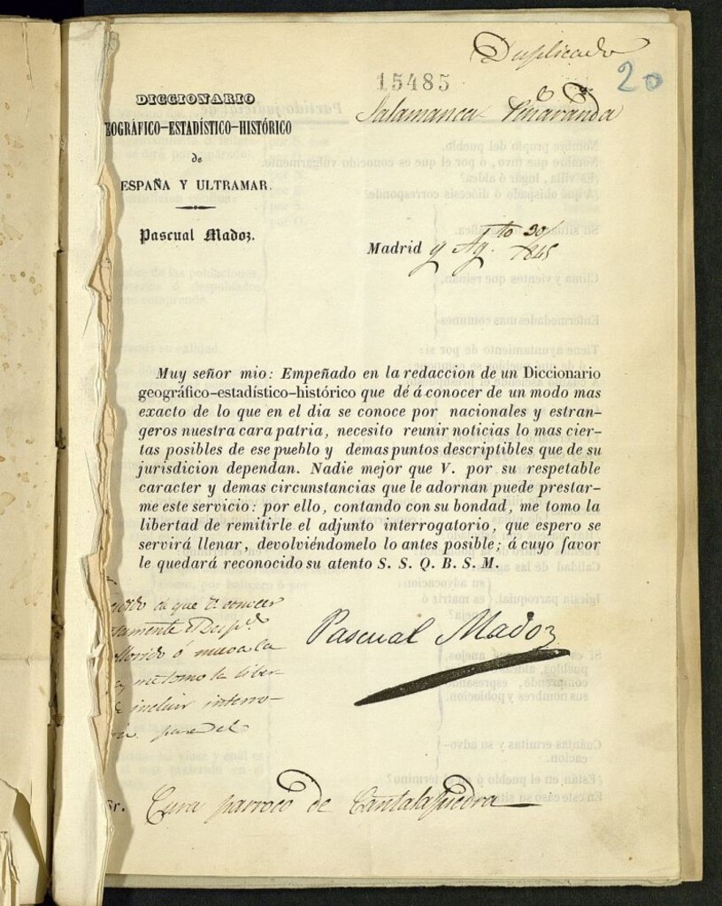 Miniatura de [Carta impresa de D. Pascual Madoz... al Párroco de Cantalapiedra solicitando rellene los impresos adjuntos] 30 de agosto de 1845