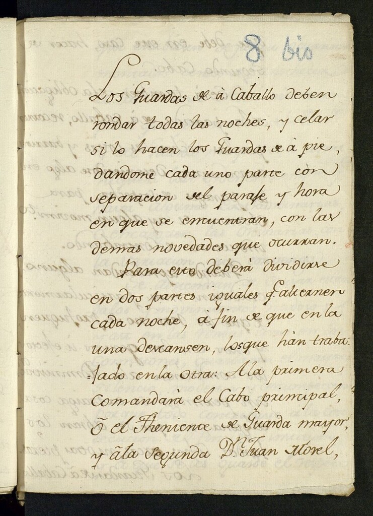 Miniatura de [Instrucciones a los guardas de a caballo para que la parte de sus rondas nocturnas]. "Los guardas de a caballo..." (fol.1) ...sin dar motivo a quejas". (fol.2v).