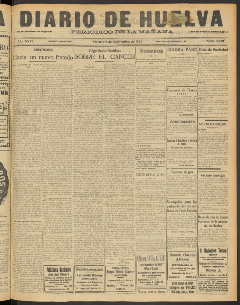 Miniatura de Diario de Huelva : periódico independiente del 8 de septiembre de 1933