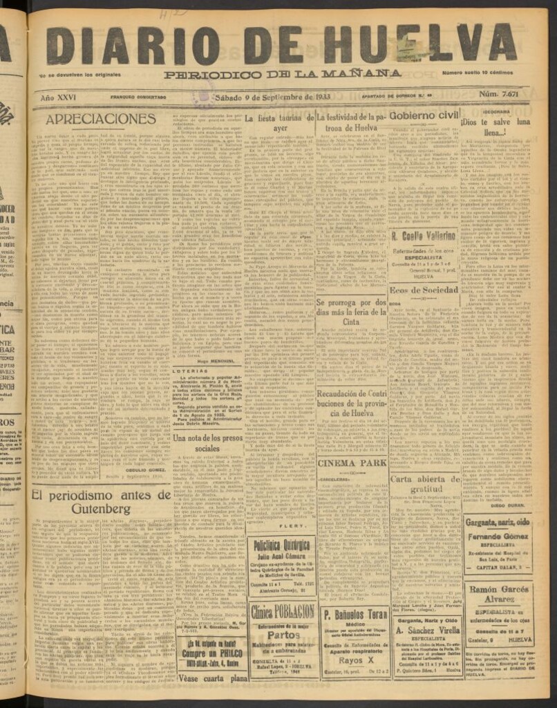 Miniatura de Diario de Huelva : periódico independiente del 9 de septiembre de 1933