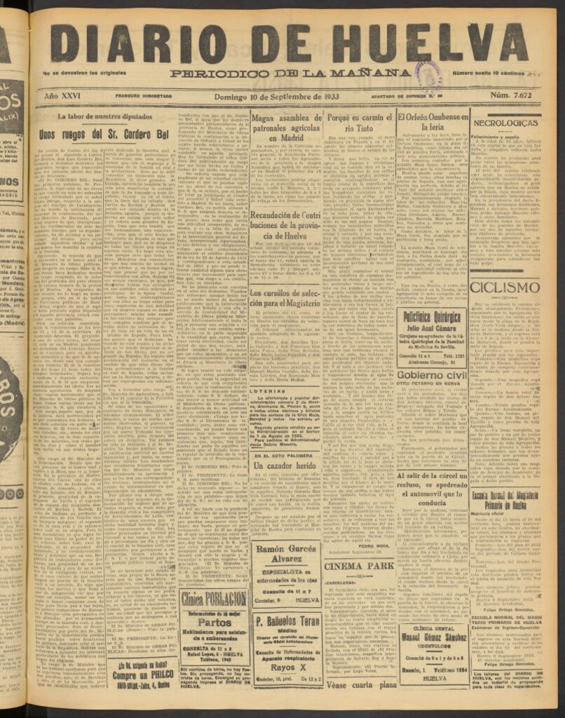 Miniatura de Diario de Huelva : periódico independiente del 10 de septiembre de 1933