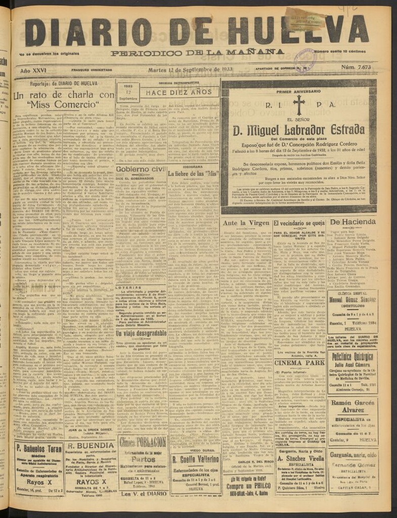 Miniatura de Diario de Huelva : periódico independiente del 12 de septiembre de 1933