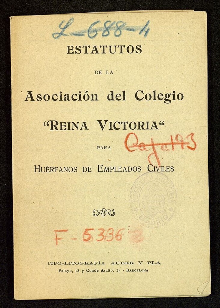 Miniatura de Estatutos de la Asociación del Colegio Reina Victoria para huérfanos de empleados civiles.
