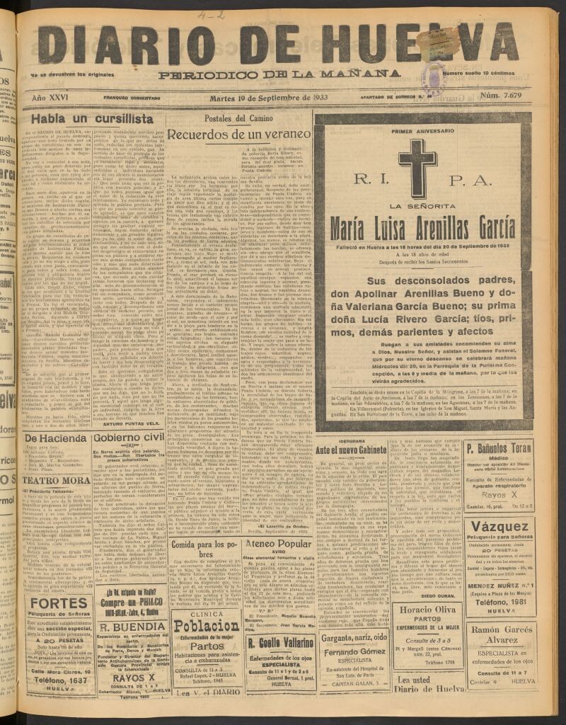 Miniatura de Diario de Huelva : periódico independiente del 19 de septiembre de 1933