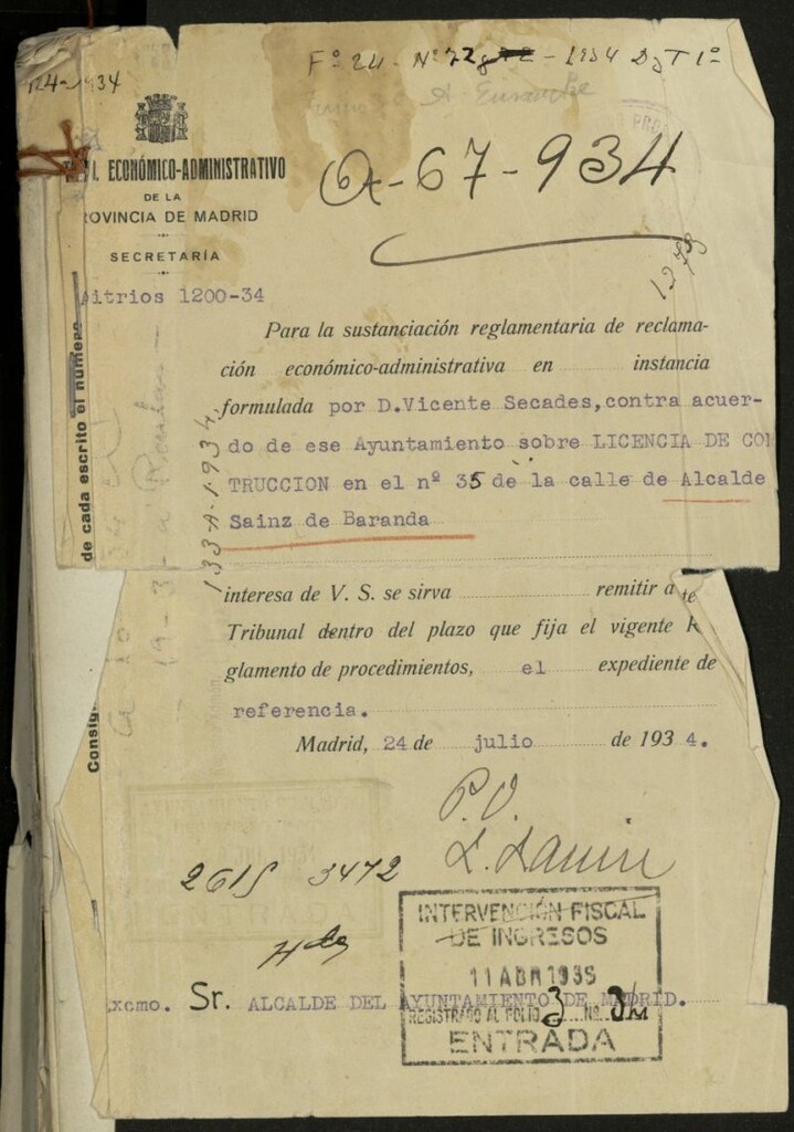 Miniatura de Licencia a Don Vicente Secades en la calle de Alcalde Sainz de Baranda nº 35