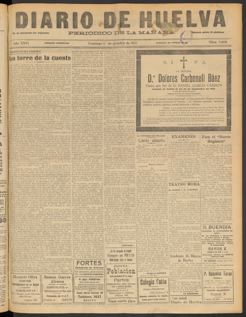 Miniatura de Diario de Huelva : periódico independiente del 1 de octubre de 1933