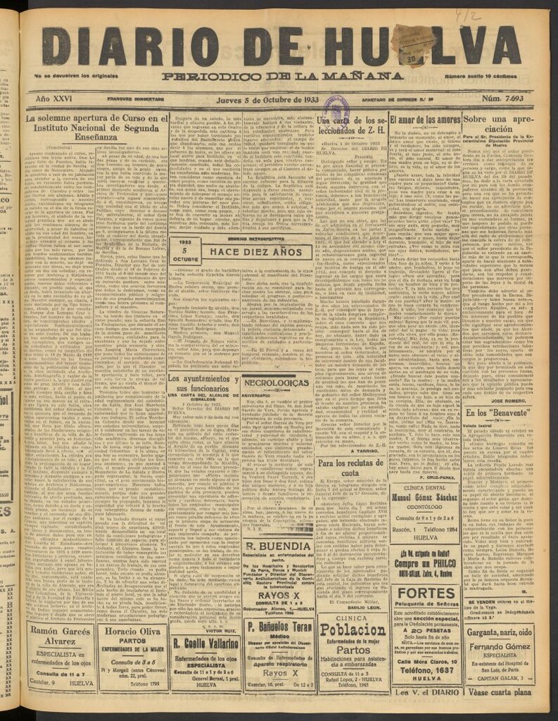 Miniatura de Diario de Huelva : periódico independiente del 5 de octubre de 1933