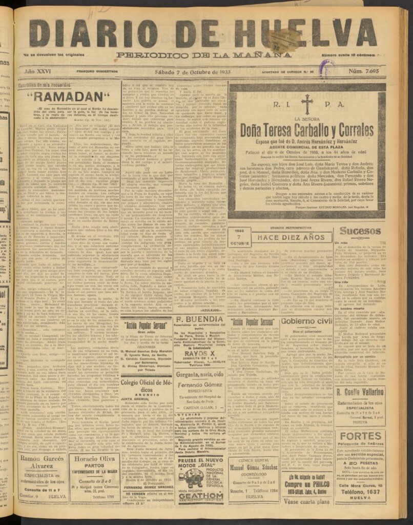 Miniatura de Diario de Huelva : periódico independiente del 7 de octubre de 1933