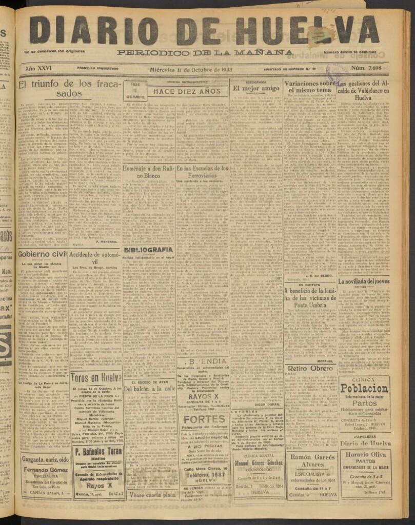 Miniatura de Diario de Huelva : periódico independiente del 11 de octubre de 1933