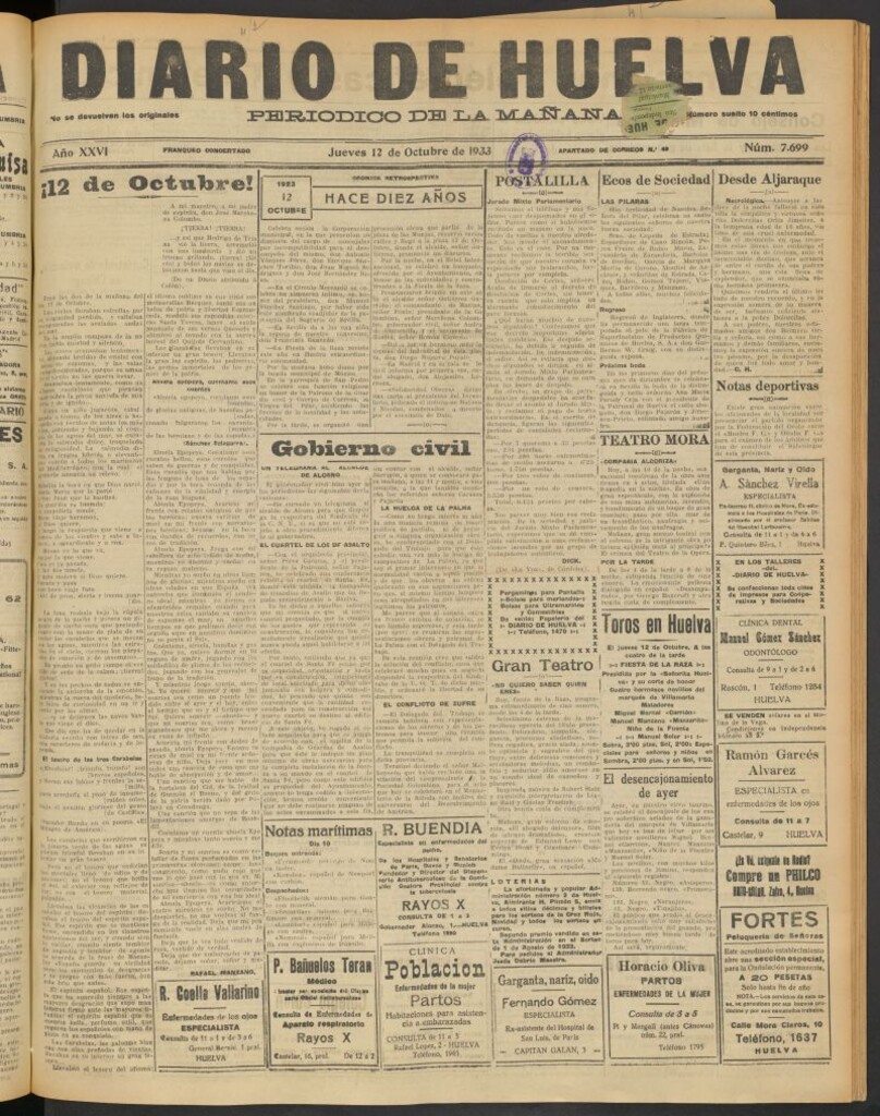 Miniatura de Diario de Huelva : periódico independiente del 12 de octubre de 1933