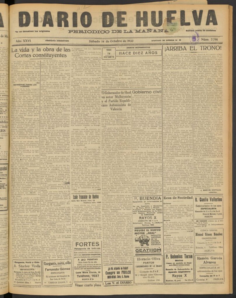 Miniatura de Diario de Huelva : periódico independiente del 14 de octubre de 1933
