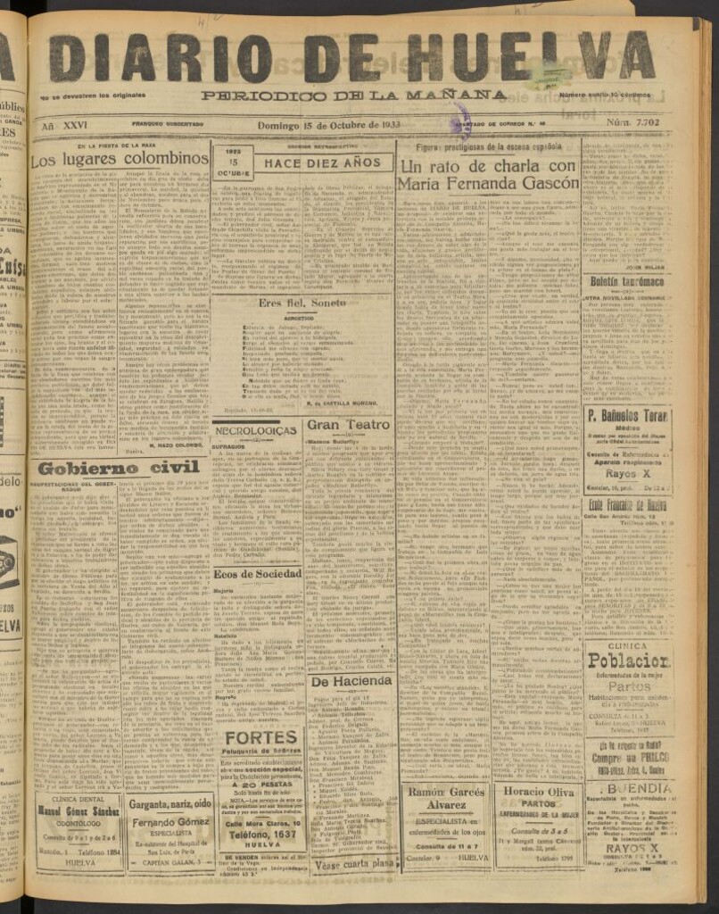 Miniatura de Diario de Huelva : periódico independiente del 15 de octubre de 1933