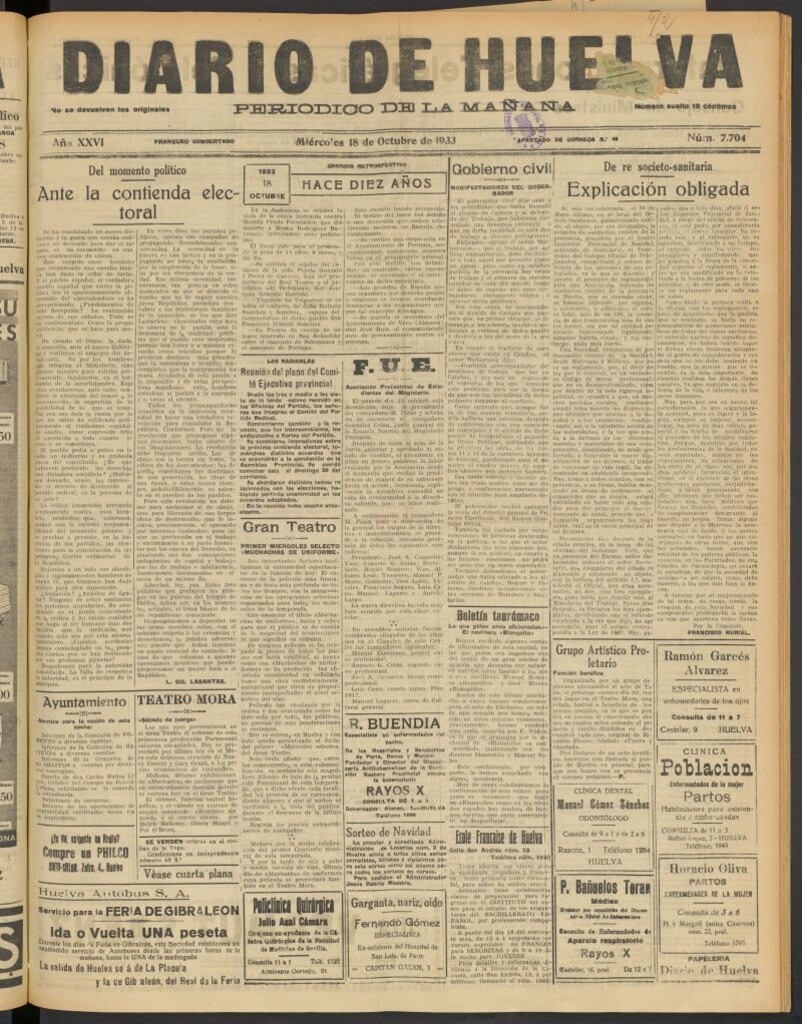 Miniatura de Diario de Huelva : periódico independiente del 18 de octubre de 1933