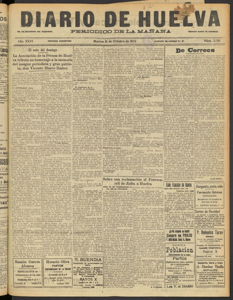 Miniatura de Diario de Huelva : periódico independiente del 31 de octubre de 1933
