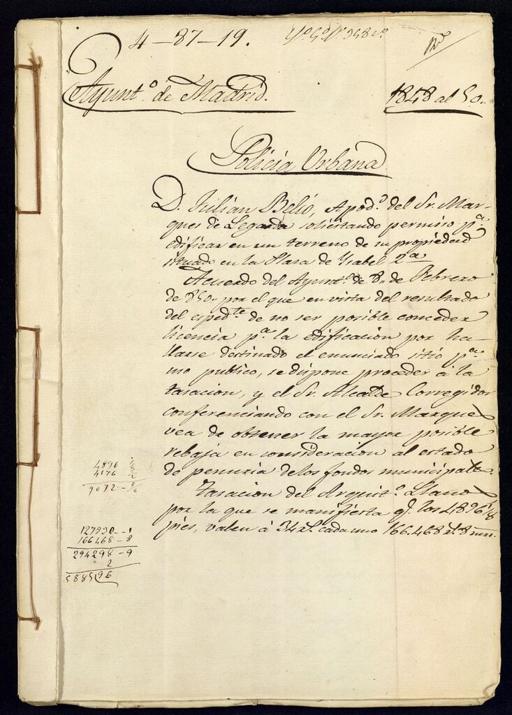 Miniatura de Don Julián Belcó, apoderado del Sr. Marqués de Legarda y Mayorazgo de Peralta, pidiendo permiso para construir en la Plaza de Isabel II nº 2