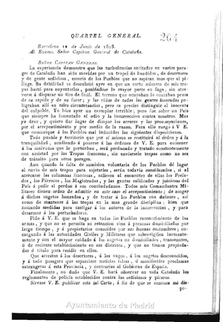 Miniatura de Carta del General Comandante en Jefe del Cuerpo de Ejército de Observación de los Pirineos Orientales, G. Duhesme, al excelentísimo Sr. Capitán General de Cataluña